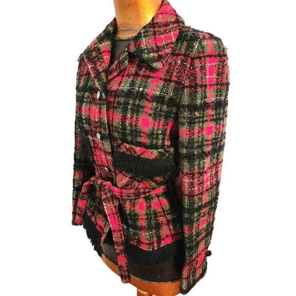 Vintage Z.C.M.I. Cameo Room 1960s Red Black Check Tweed Jacket w/Belt Fringe S/M - Picture 5 of 8